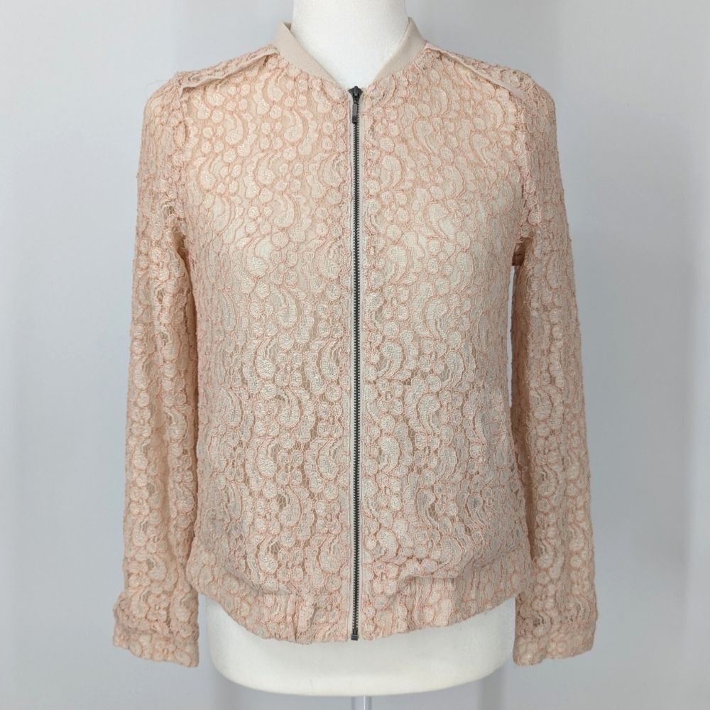 Lauren Conrad LC Light Blush Pink Floral Lace Zip Up Bomber Jacket Lined Size 6